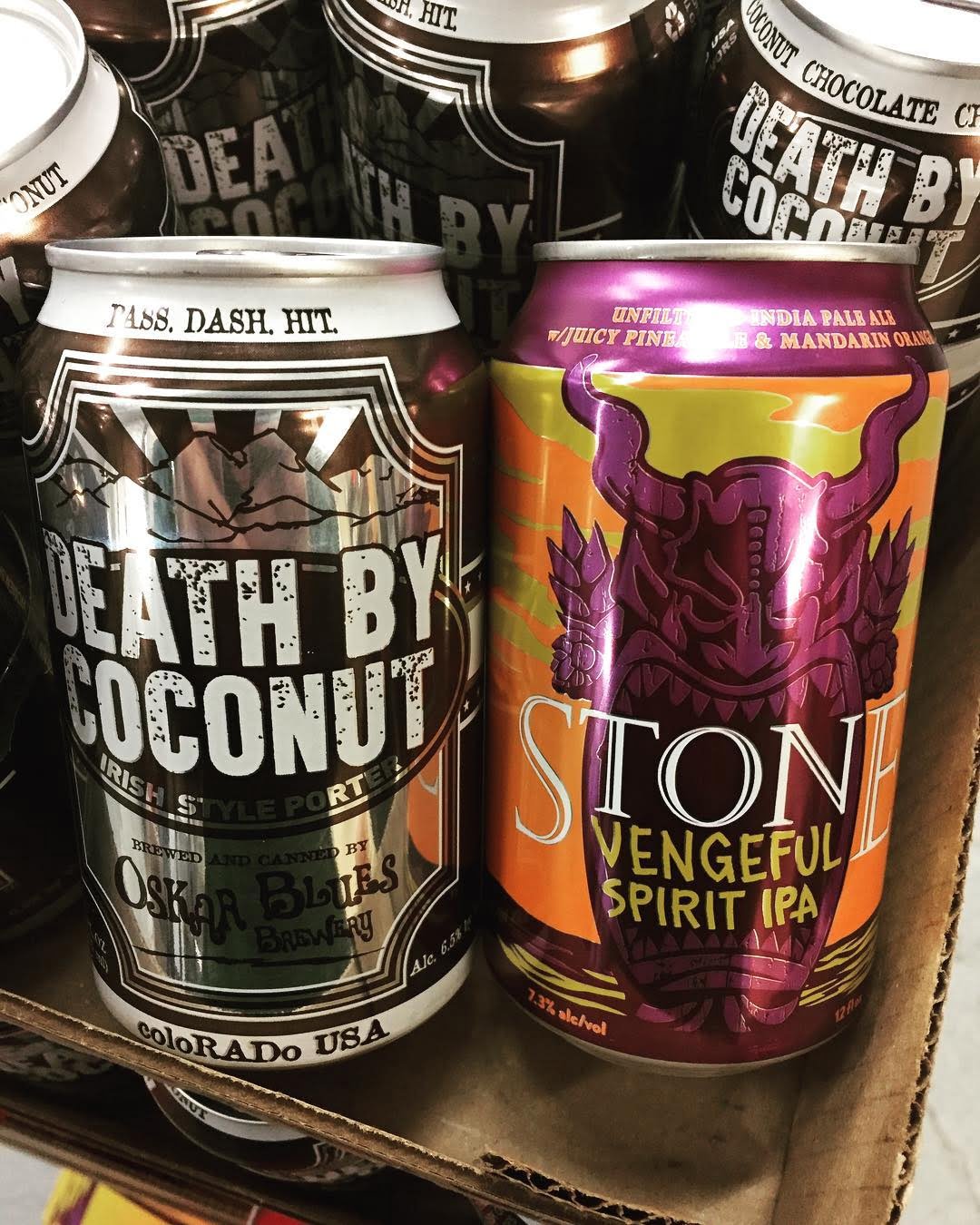 @oskarblues Death by Coconut and @stonebrewing Vengeful Spirit IPA, a tropical, unfiltered IPA with juicy…