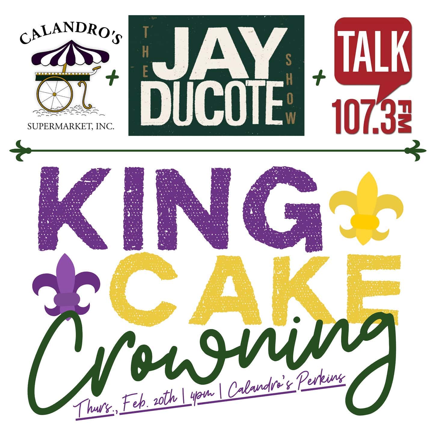 T-minus 2 days…Calandro’s 2020 King Cake Crowning on Thursday, Feb. 20th from 4p-6p at Calandro’s